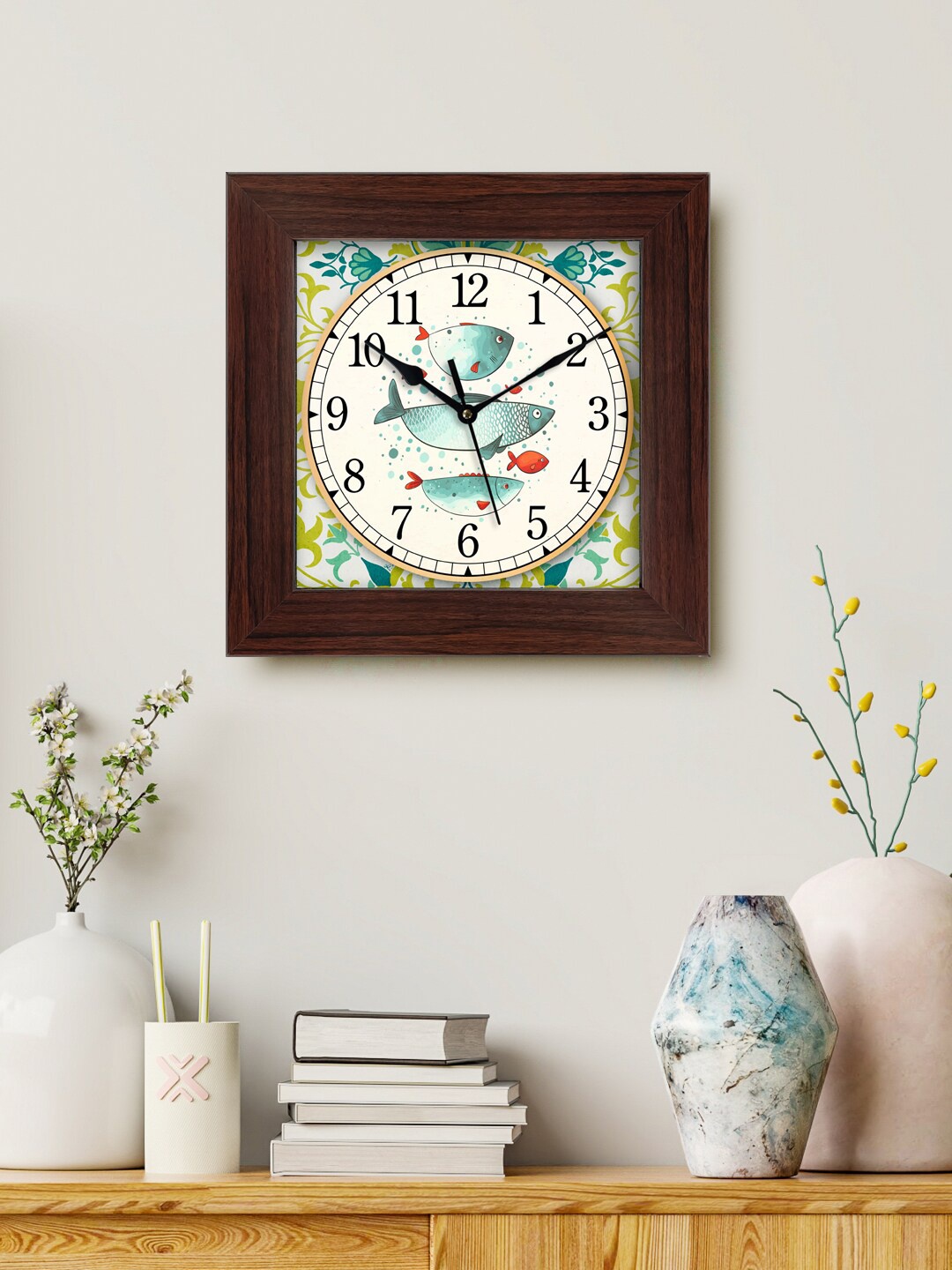

999Store White & Green Leaf Art With Fish Printed Square Contemporary Wall Clock