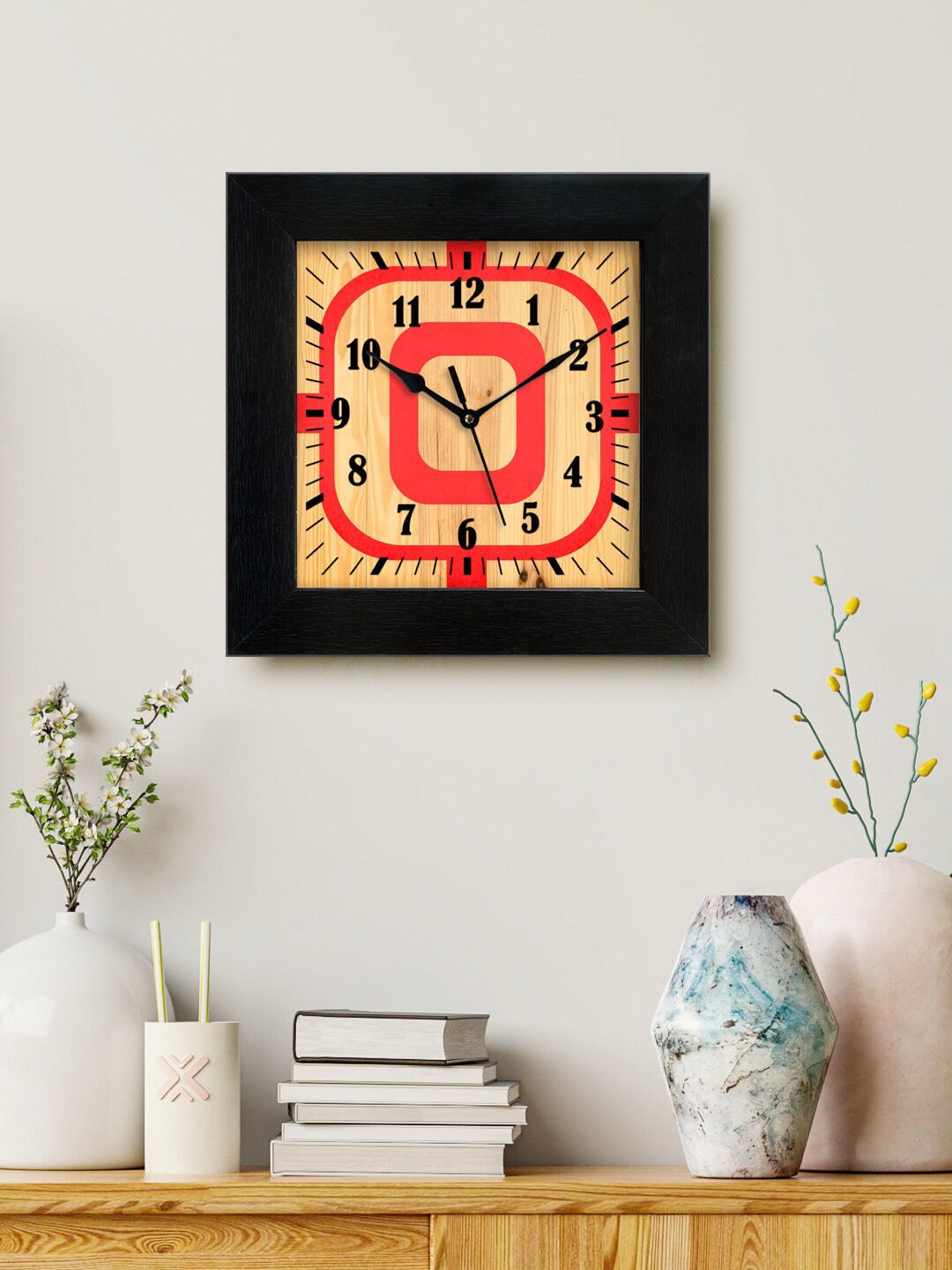 

999Store Beige & Red Printed Analogue Contemporary Square Wall Clock