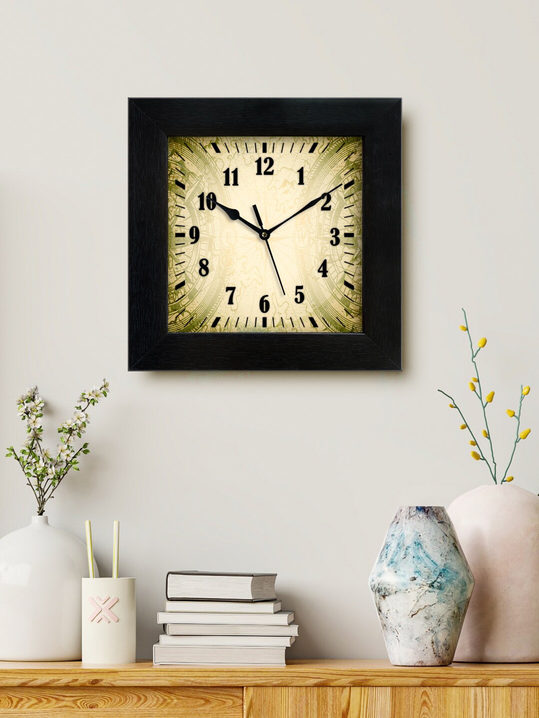 

999Store Beige & Green Printed Analogue Contemporary Square Wall Clock