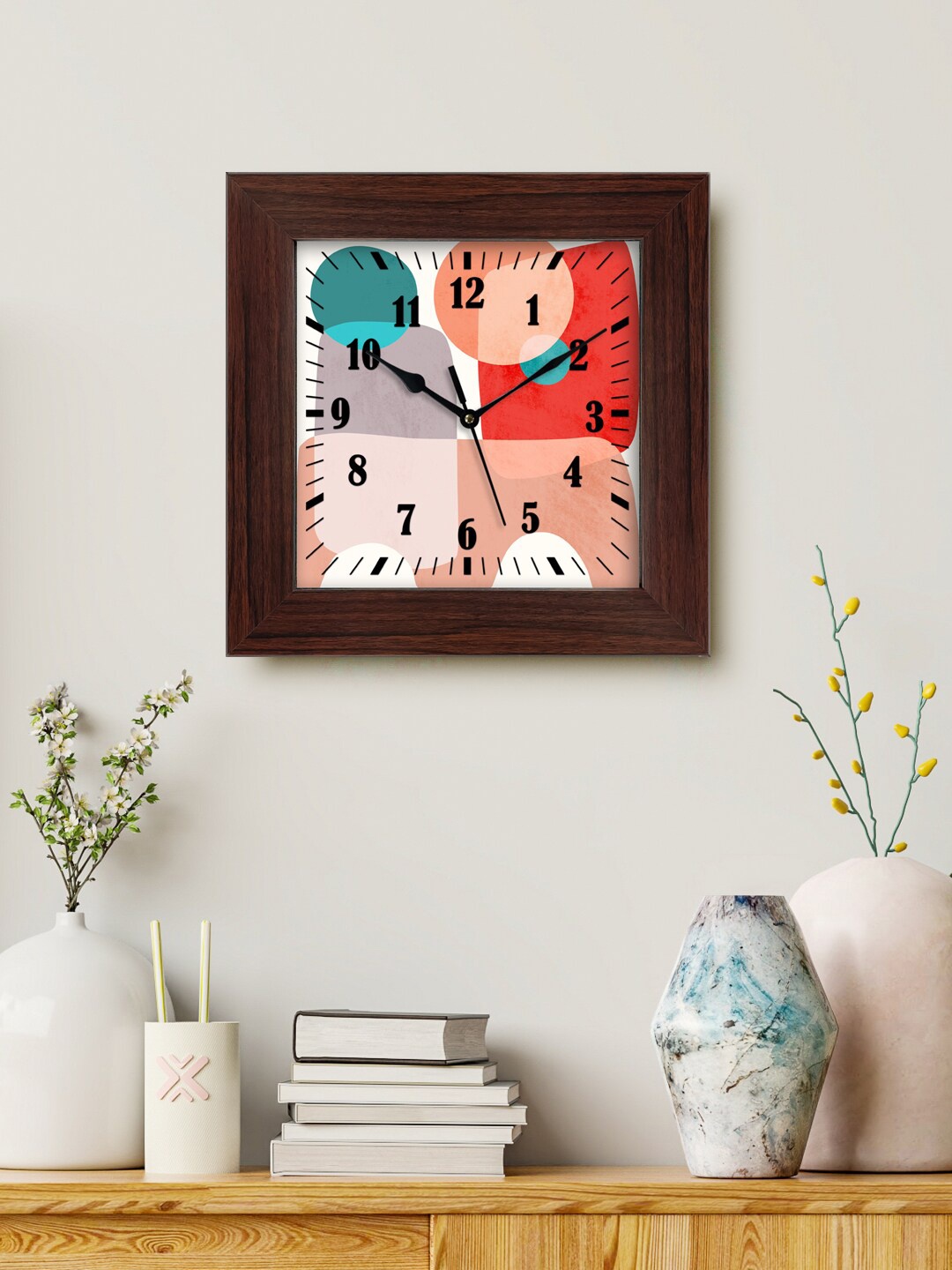 

999Store Peach-Coloured & Red Printed Analogue Contemporary Square Wall Clock