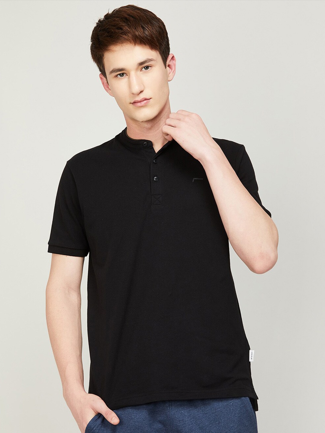 

Fame Forever by Lifestyle Men Solid Henley Neck Cotton T-shirt, Black