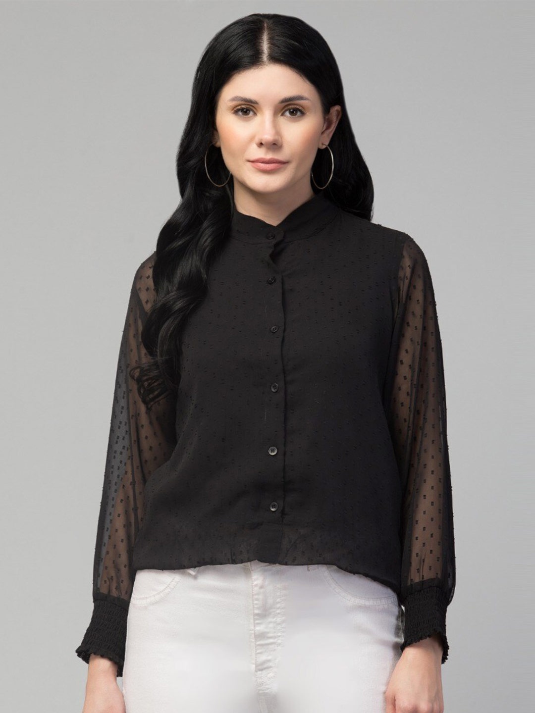 

Orchid Blues Mandarin Collar Casual Shirt, Black