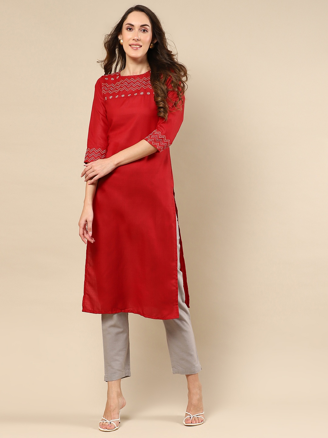 

NH KAPDEWALA Yoke Design Thread Work Pure Cotton Kurta, Maroon