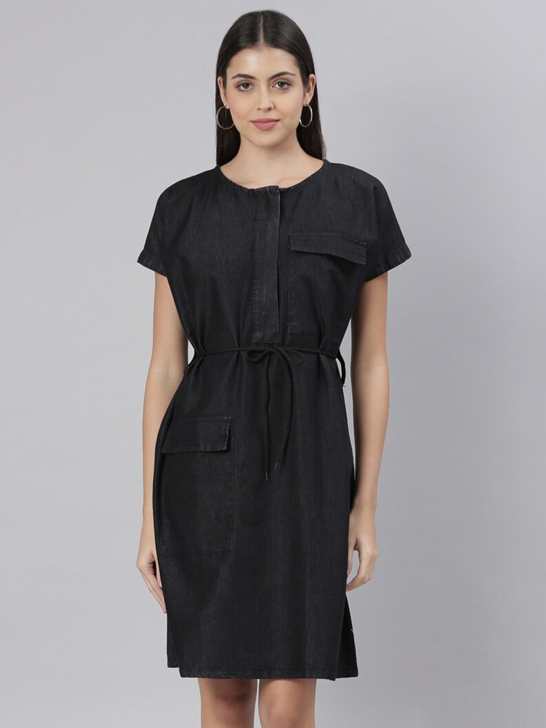 

ZHEIA Black Denim Sheath Cotton Dress