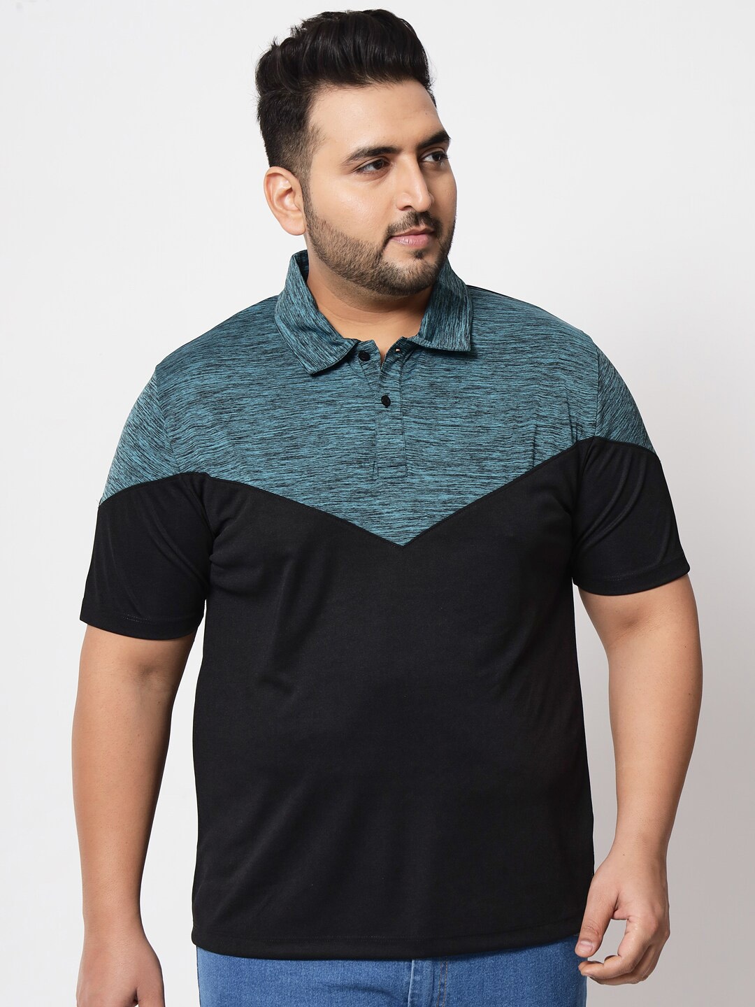 

AUSTIVO Men Plus Size Colourblocked Polo Collar Cotton T-shirt, Black