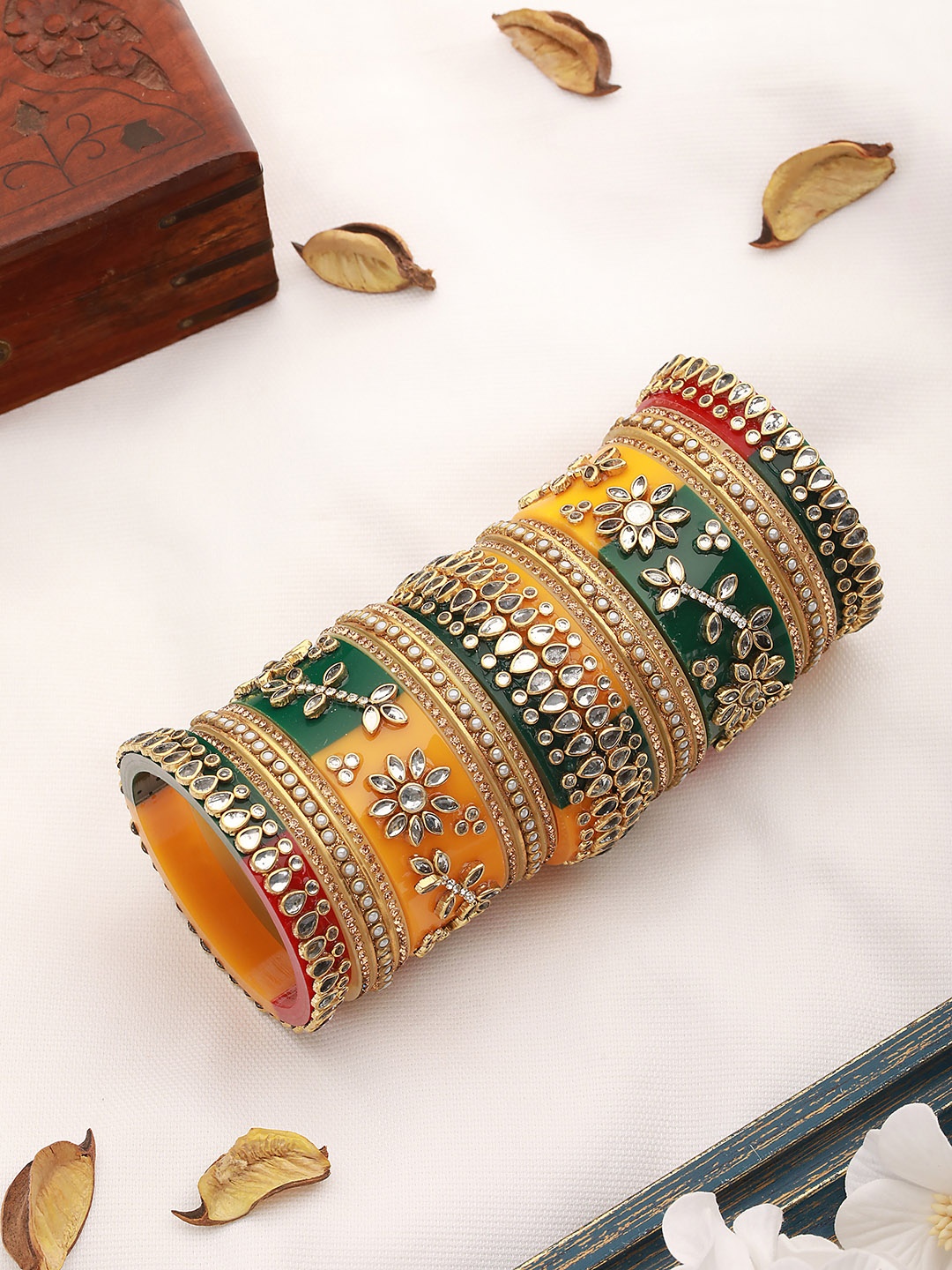 

Saraf RS Jewellery Set of 18 Gold-Plated & Kundan-Studded Bridal Bangles