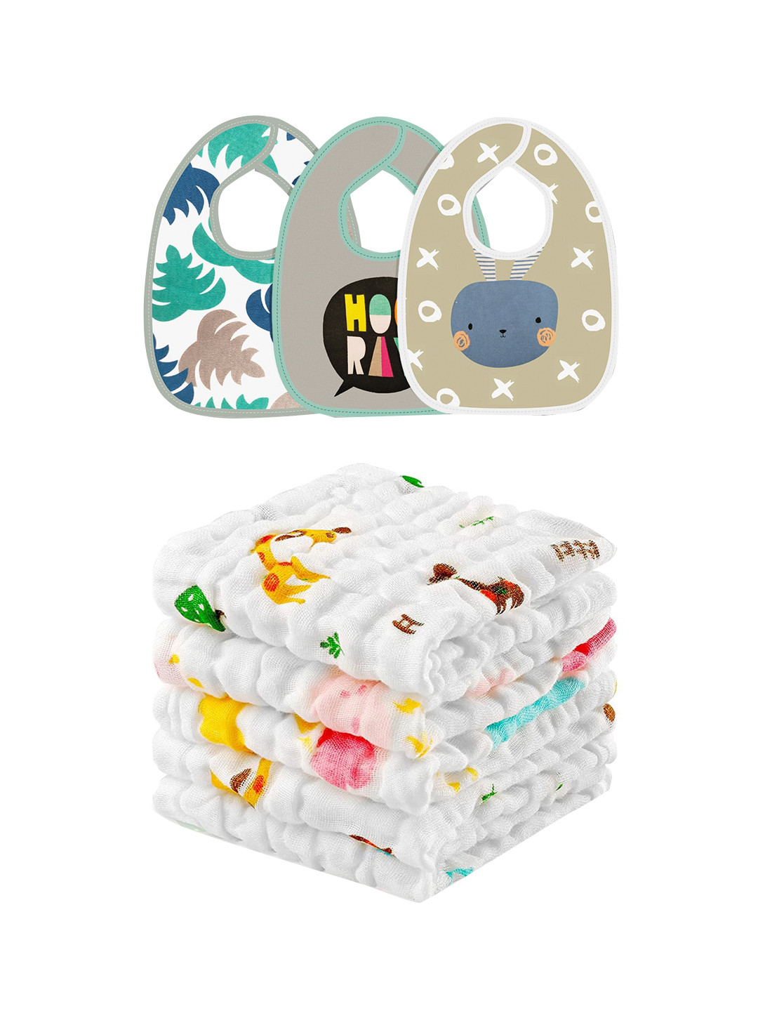 

Moms Home Kids Pack of 8 Printed Cotton Bibs & Napkins, White