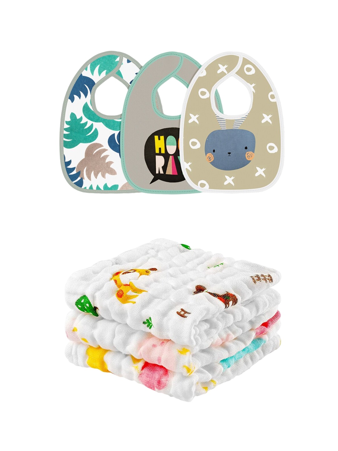 

Moms Home Infant Pack Of 3 Printed Bibs & 3 Napkins Combo-Pack of 6, Multi