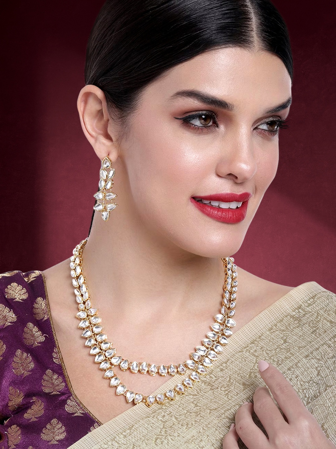 

Peora Gold-Plated Kundan Multi Layer Necklace & Earrings Jewellery Set, White