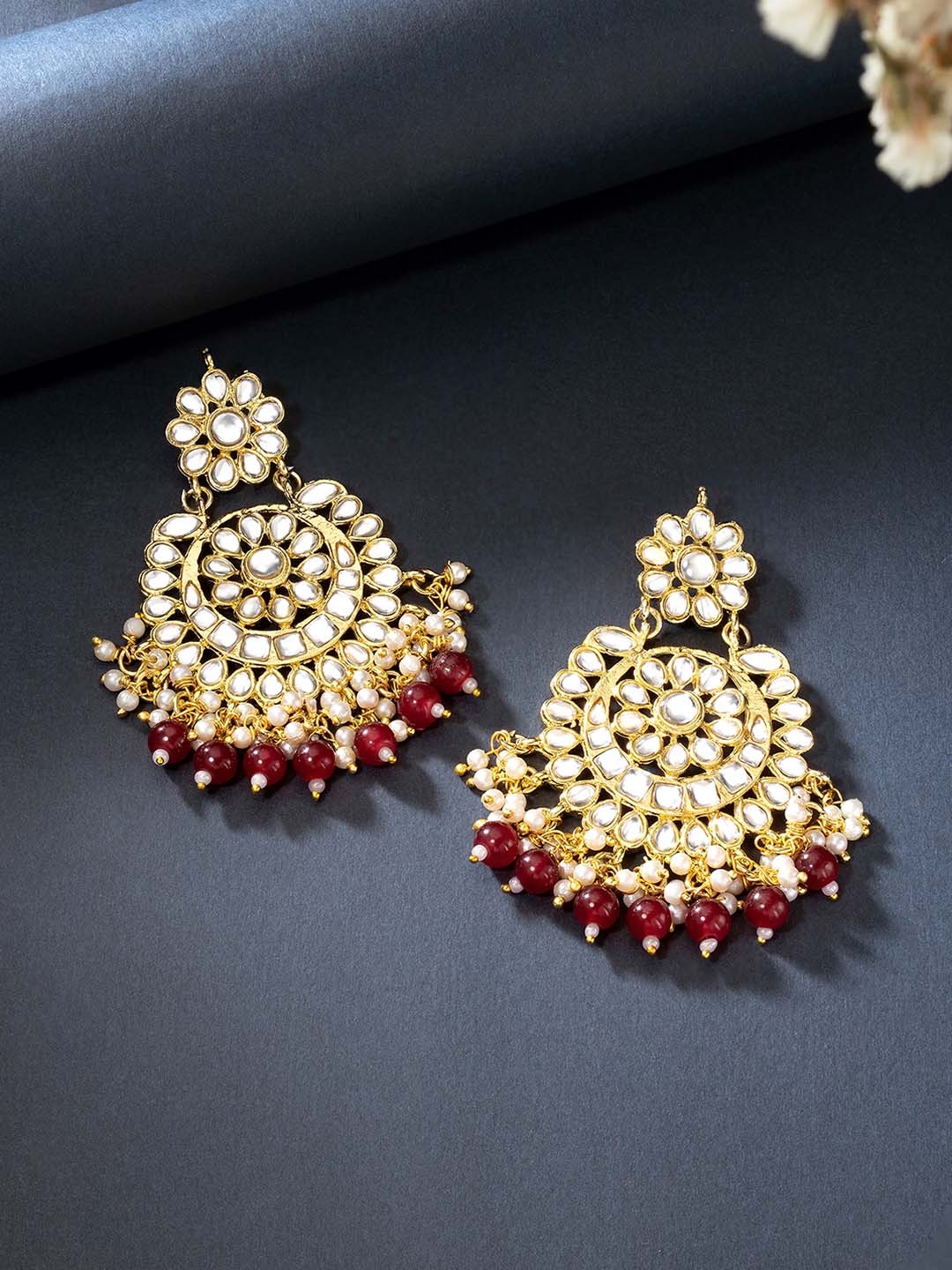 

Peora Maroon & White Contemporary Jhumkas Earrings