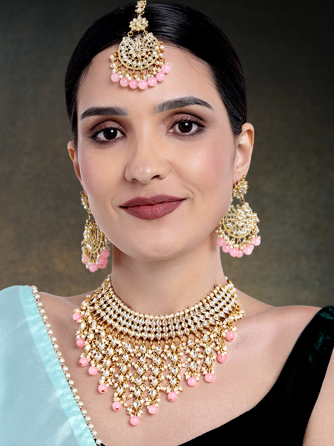 

Peora Gold-Plated Kundan Pearl Choker Necklace Jewellery Set, Pink