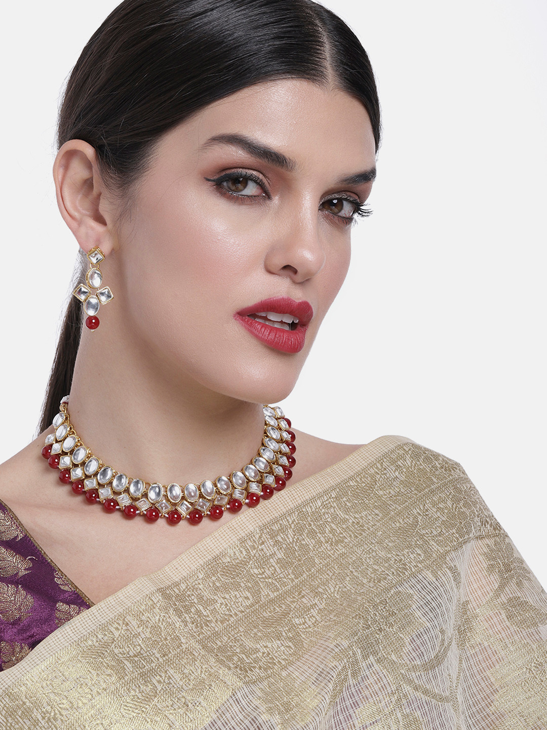 

Peora Gold Plated Kundan & Faux Bead Studded Jewellery Set, Maroon