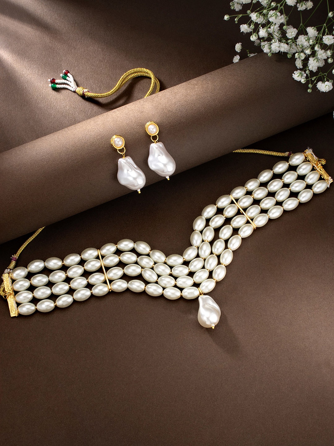 

Peora Gold-Plated Pearl Choker Necklace & Drop Earrings, White