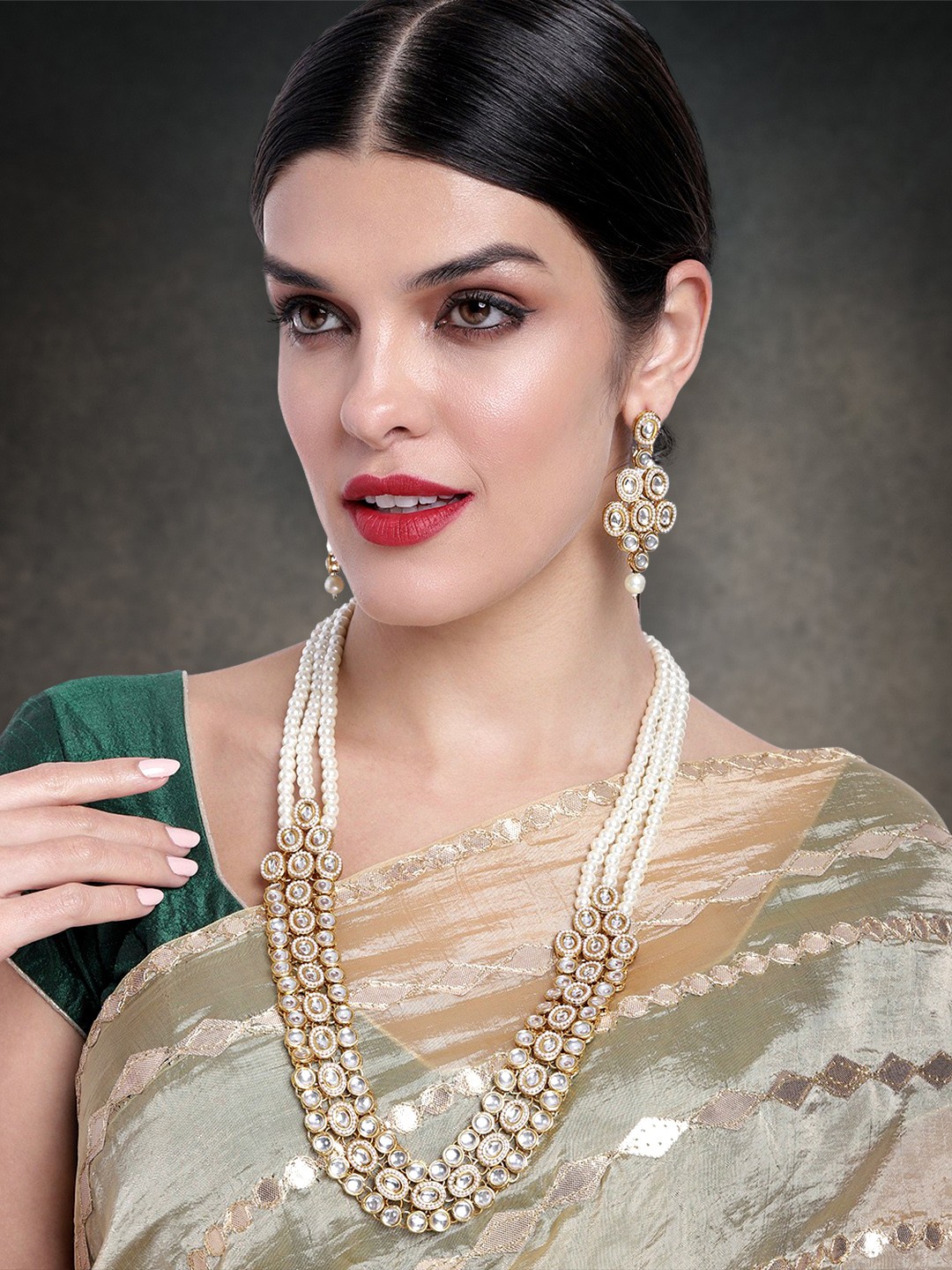 

Peora Women Gold-Plated Kundan Studded & Beaded Necklace & Earrings, White