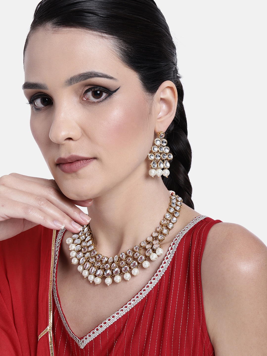 

Peora Gold-Plated Kundan Necklace & Earrings Jewellery Set, White