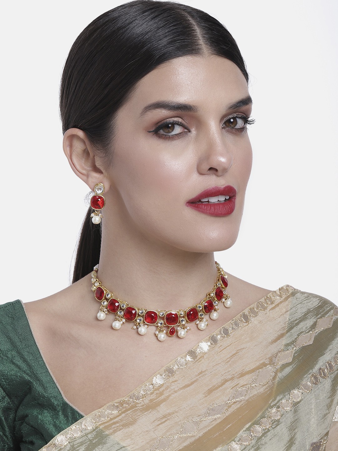 

Peora Red Gold Plated Choker Necklace & Earrings Set