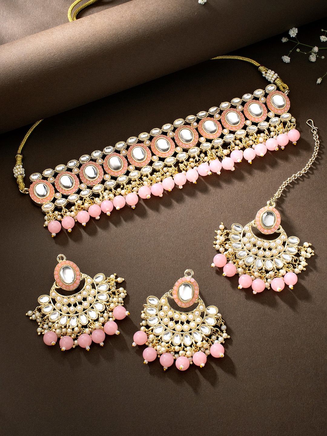 

Peora Gold-Plated Kundan Pearl Choker Necklace Jewellery Set, Pink