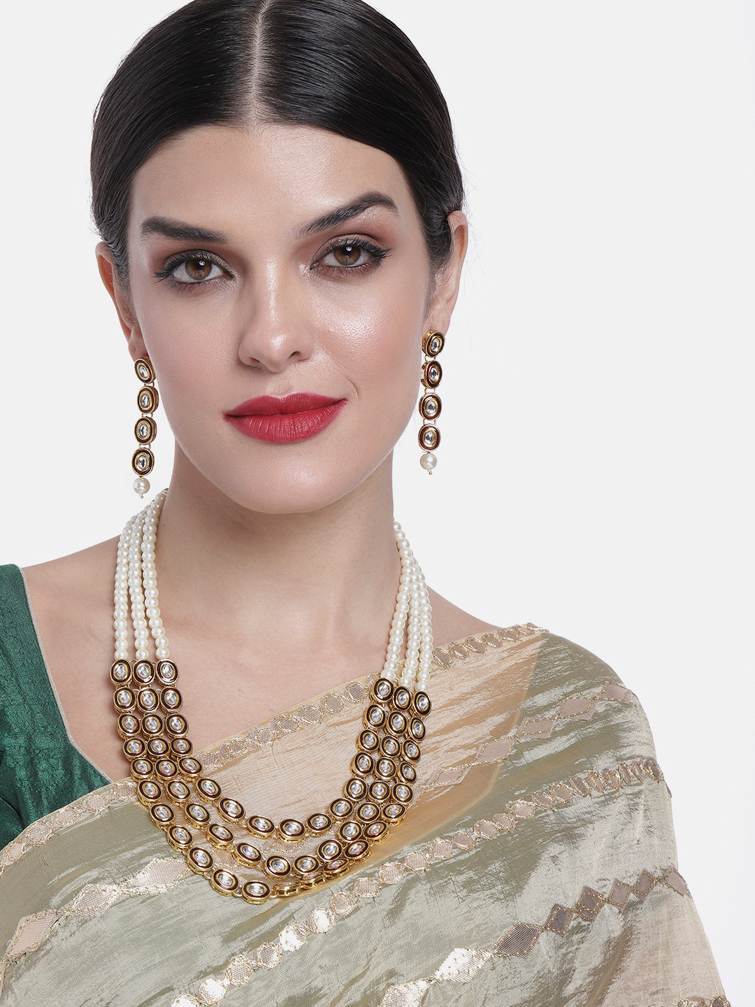 

Peora Women 18K Gold-Plated Kundan Studded & Beaded Necklace & Earrings, Maroon
