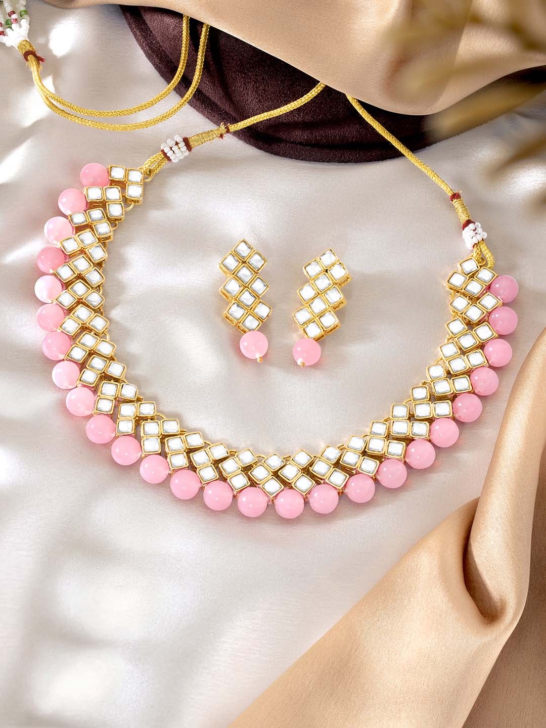 

Peora Gold-Plated Kundan Pearl Choker Necklace Jewellery Set, Pink