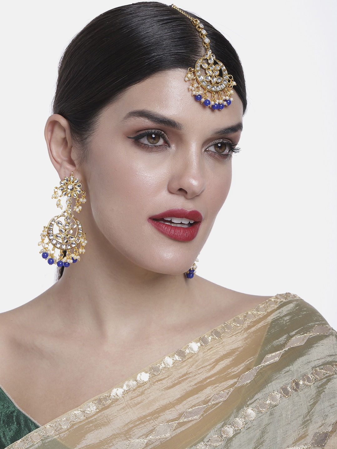 

Peora Blue Gold Plated Kundan & Pearl Studded Maang Tikka & Earrings Set