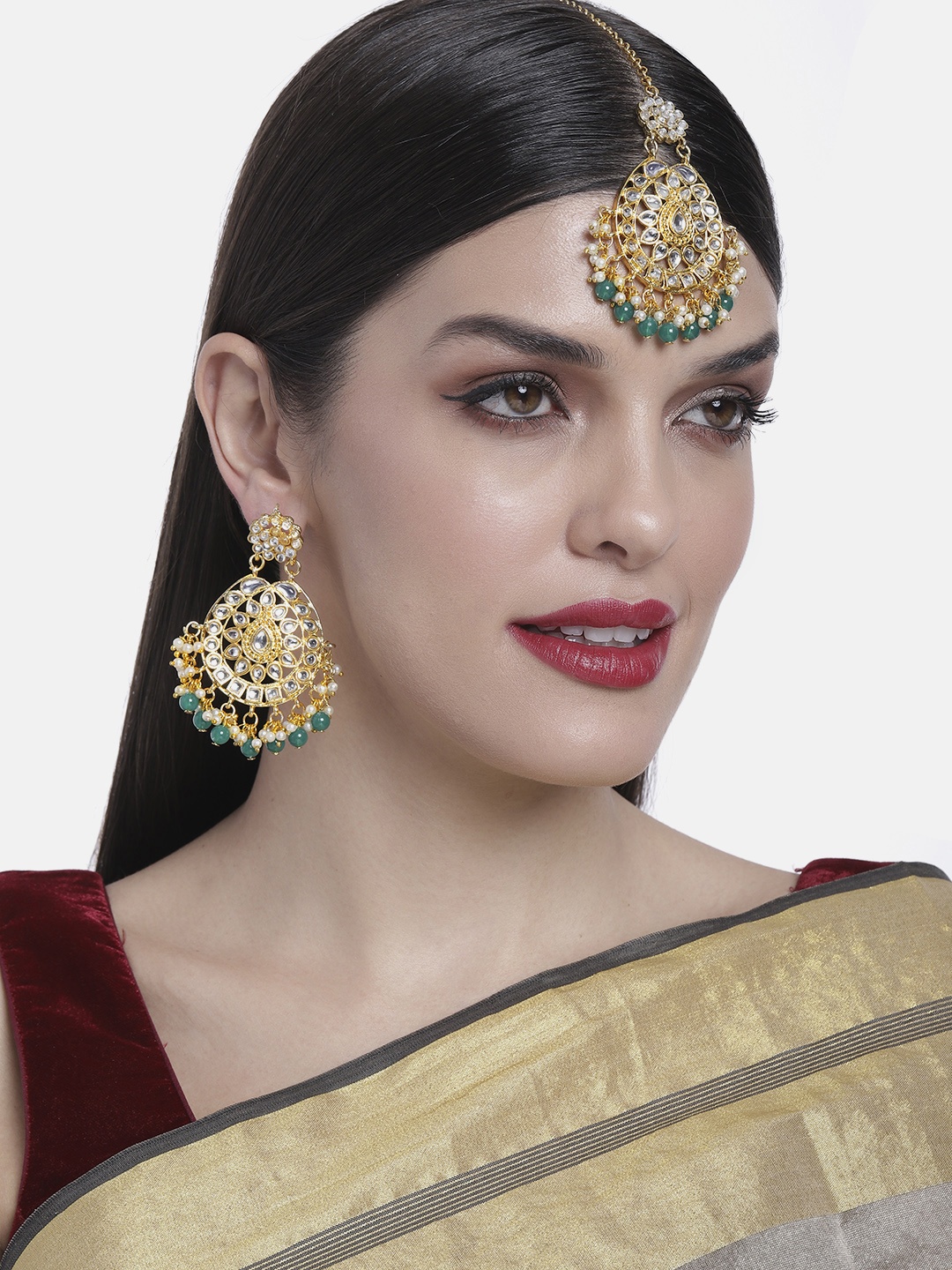 

Peora Gold-Plated Kundan Maang Tika & Earrings, Green