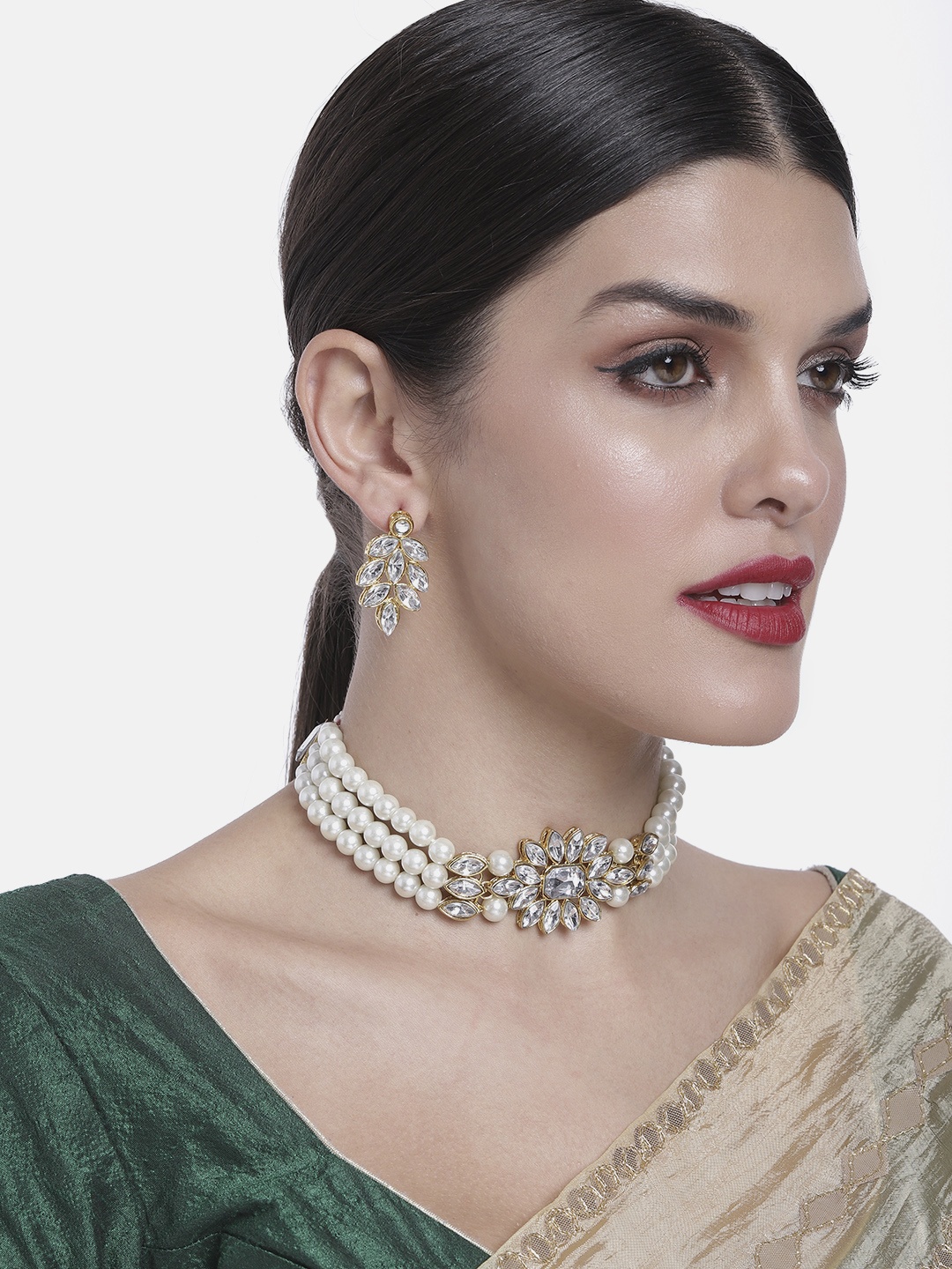 

Peora Women Gold-Plated Studded & Beaded Choker Necklace & Earrings, White