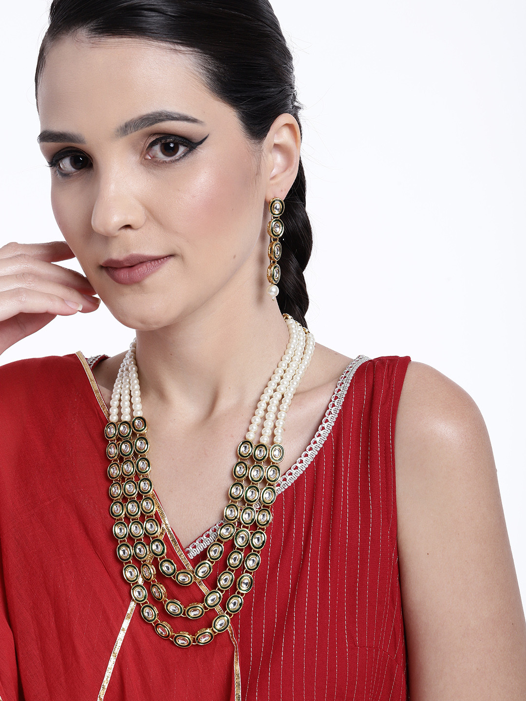 

Peora 18K Gold-Plated Kundan Multi Layer Necklace & Earrings Jewellery Set, Green