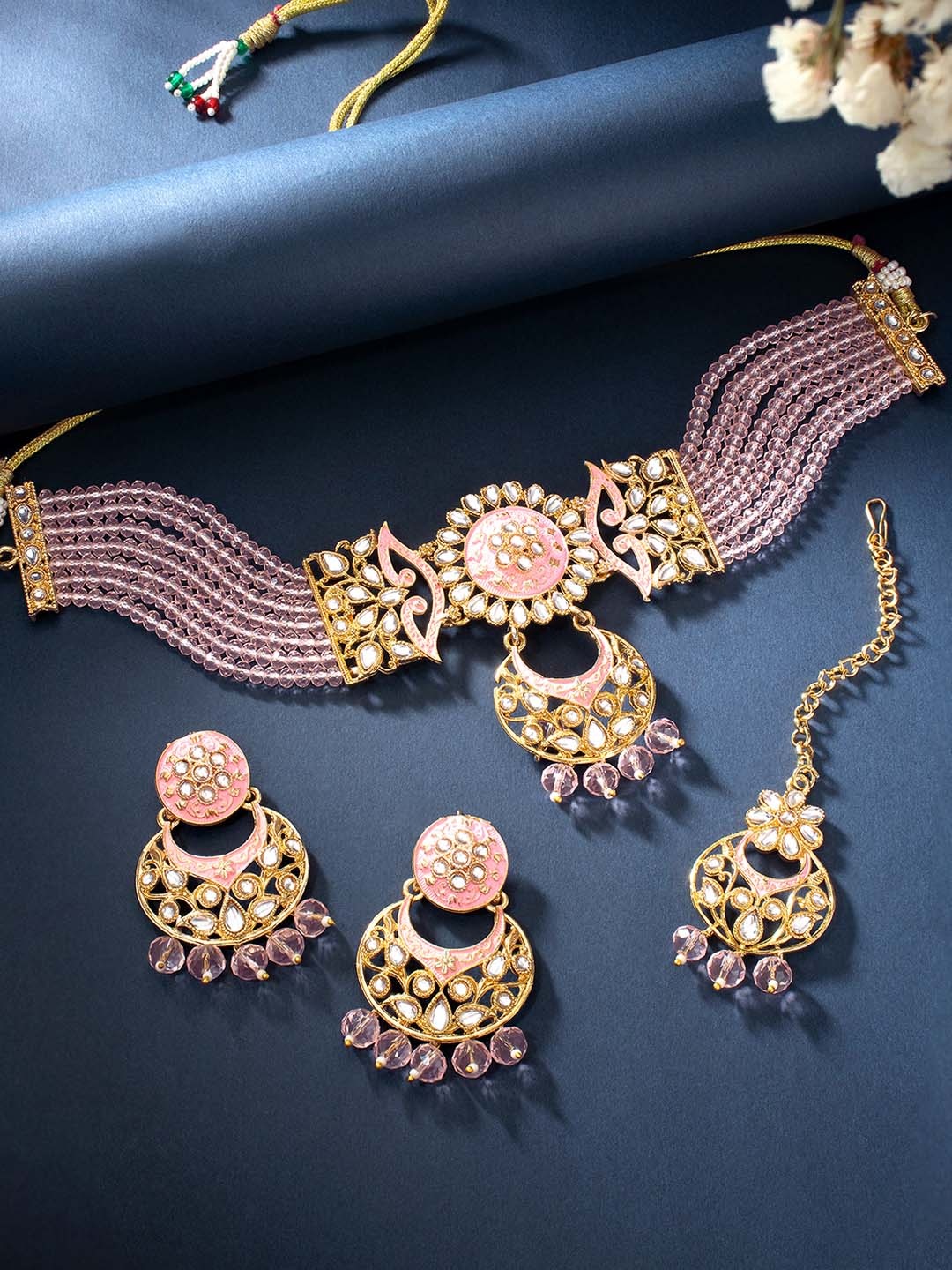 

Peora Gold-Plated Artificial Stones & Beads Jewellery Set, Pink