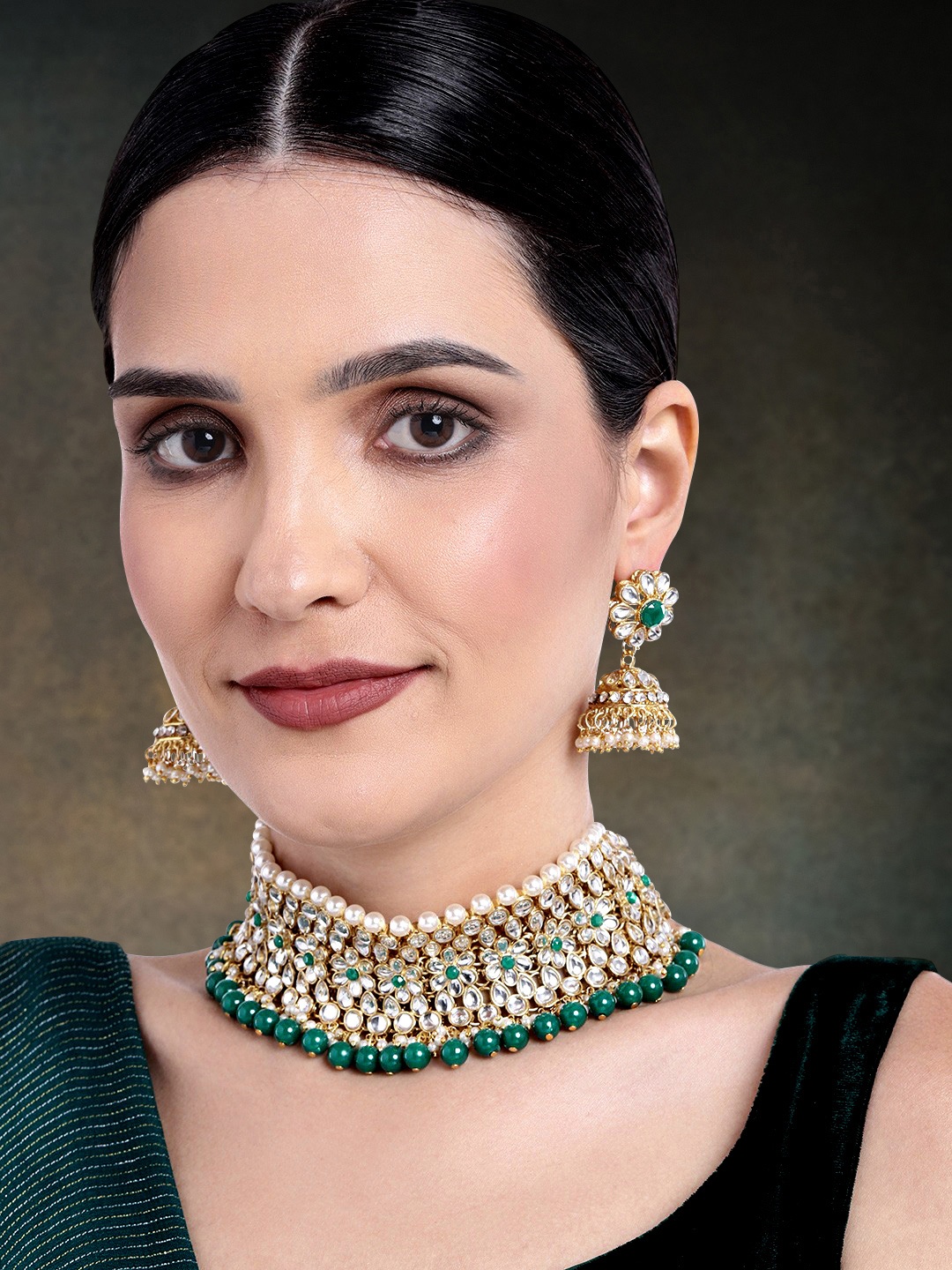 

Peora Fashion Gold-Plated Kundan Faux Pearl Choker Necklace & Earring Jewellery Set, Green