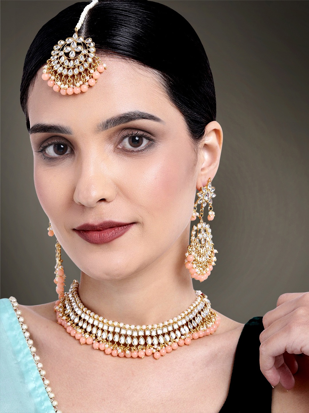 

Peora Gold-Plated Kundan Pearl Choker Necklace Jewellery Set, Peach