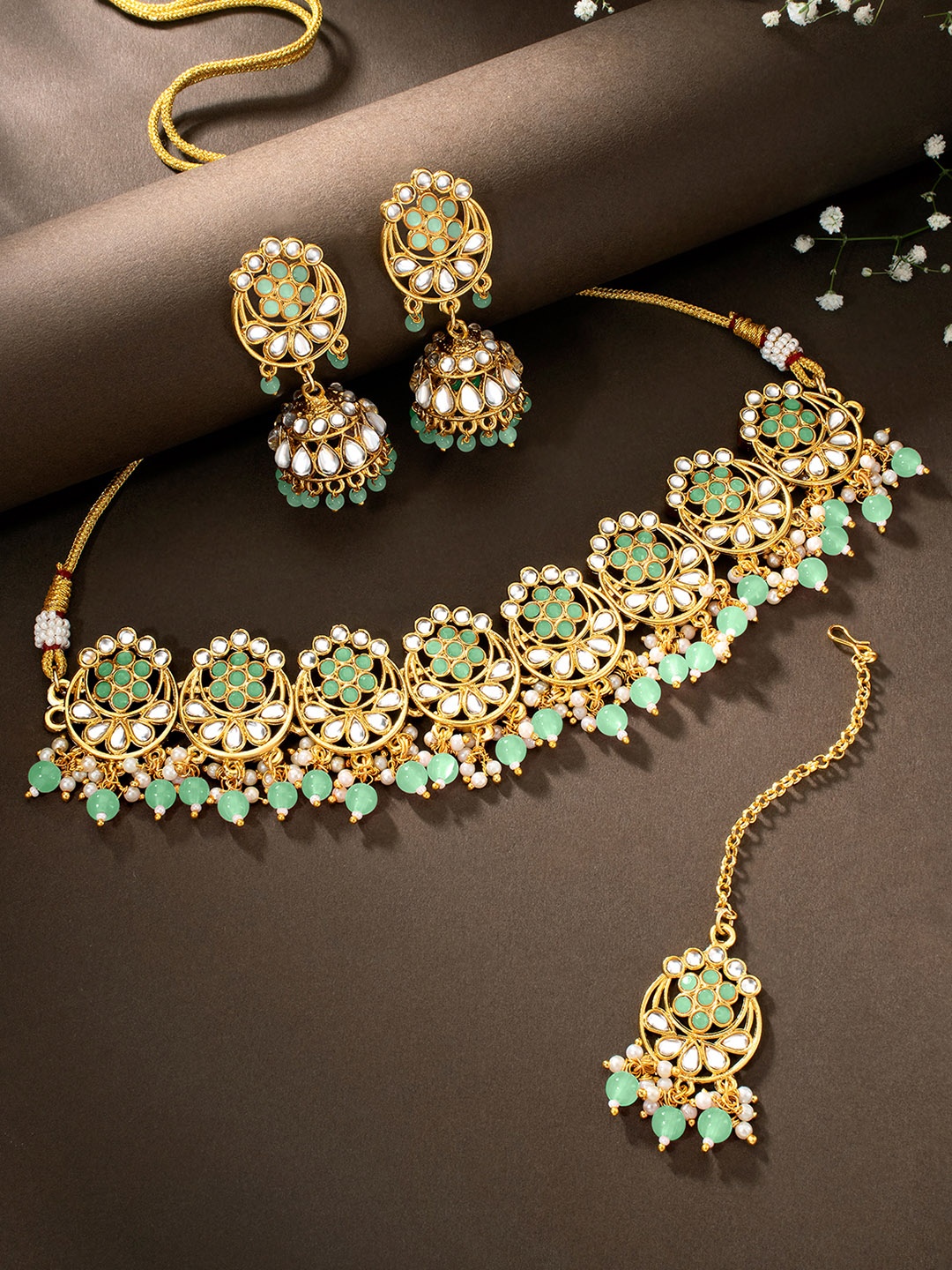 

Peora Gold-Plated Kundan Pearl Choker Necklace Jewellery Set, Sea green