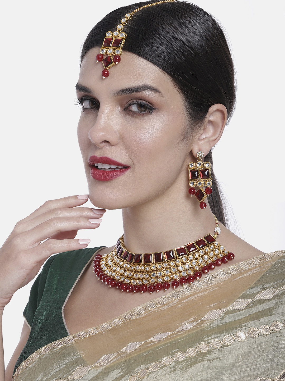 

Peora Gold-Plated Kundan Jewellery Set, Maroon