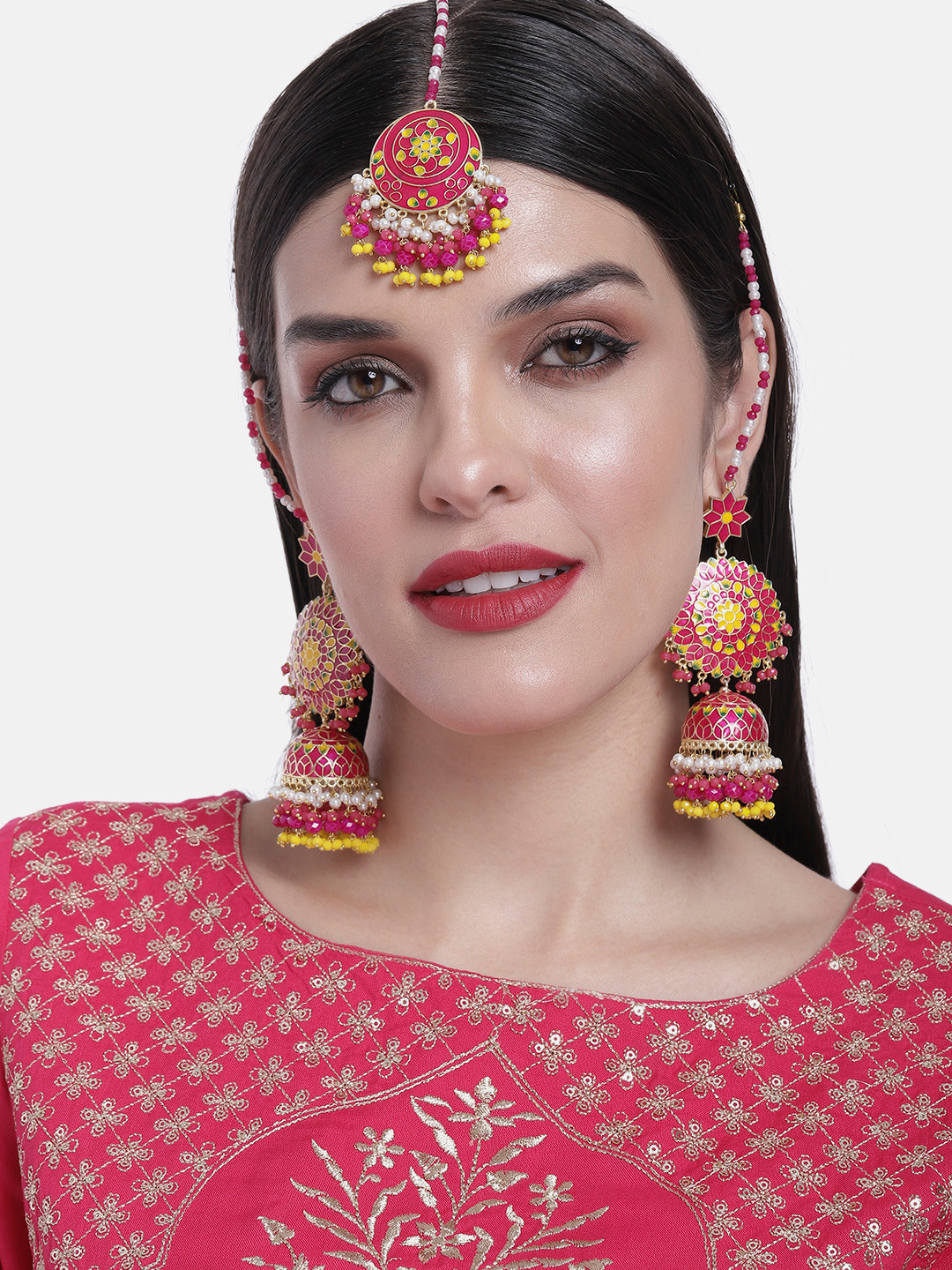 

Peora Traditional Gold-Plated Kundan & Pearl Earrings & Maang Tika, Magenta