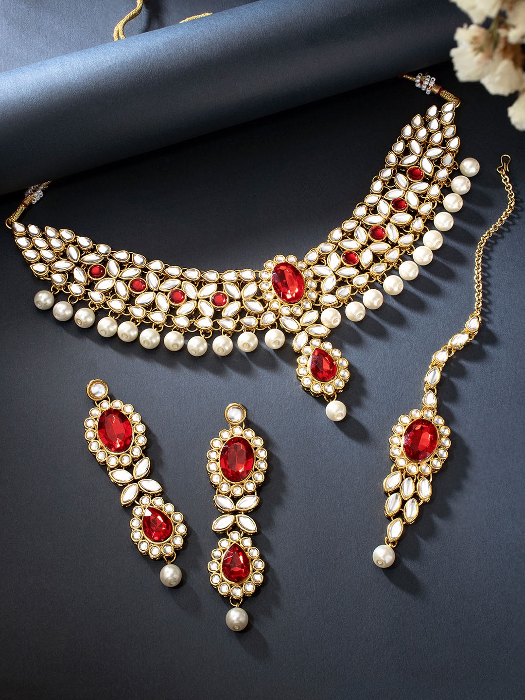 

Peora 18K Gold-Plated Kundan Jewellery Set, Red