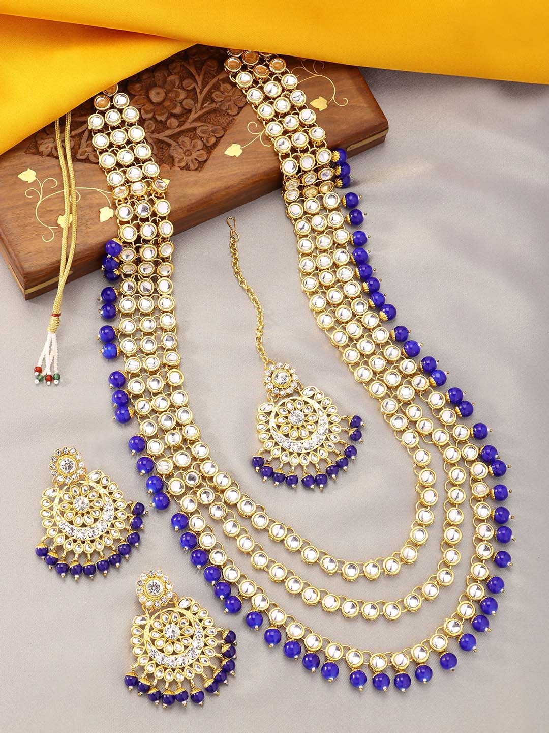 

Peora Kundan Pearl Multi Layered Long Necklace Jewellery Set, Blue