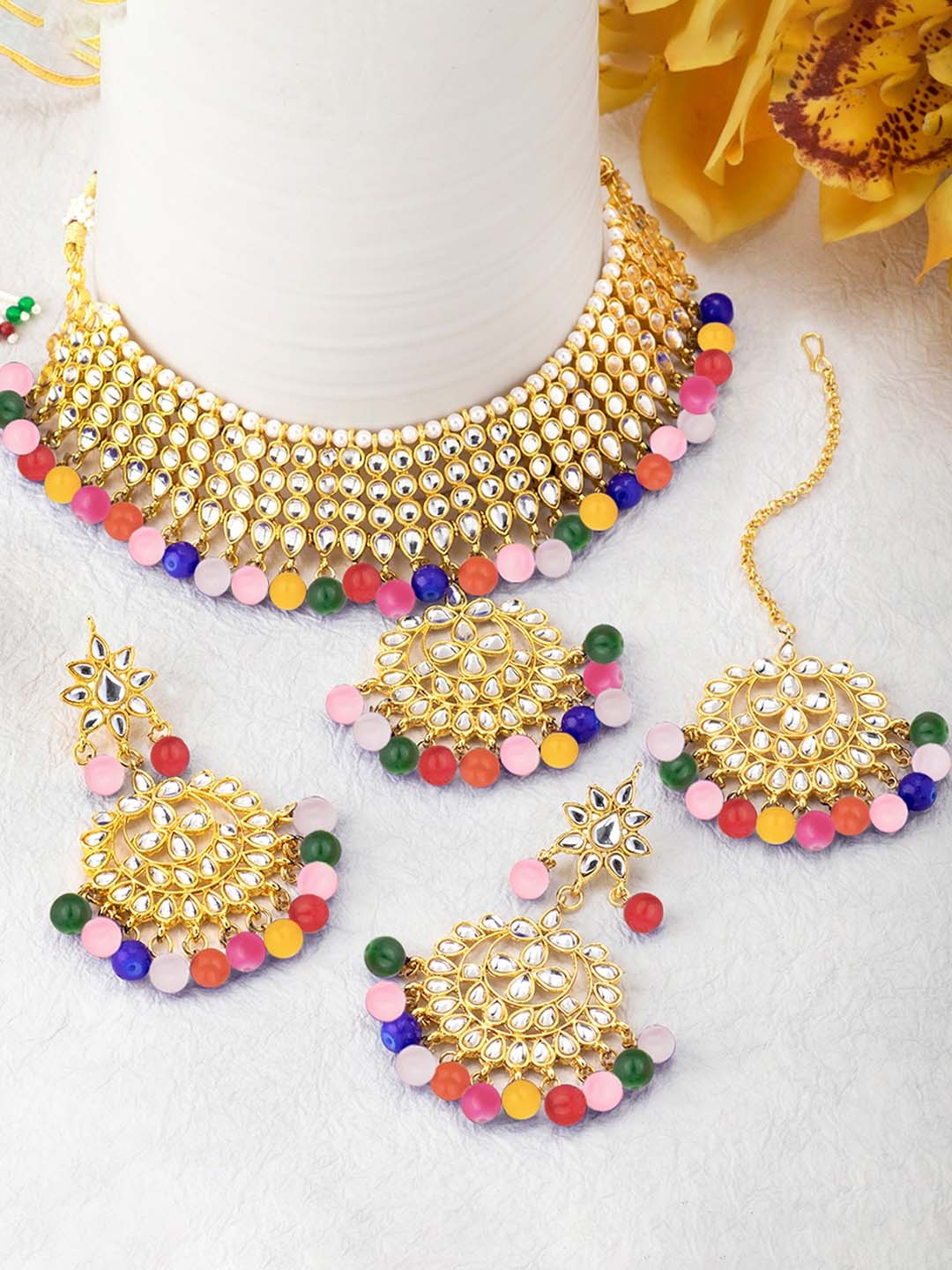 

Peora Gold-Plated Kundan Pearl Choker Necklace Jewellery Set, Multi