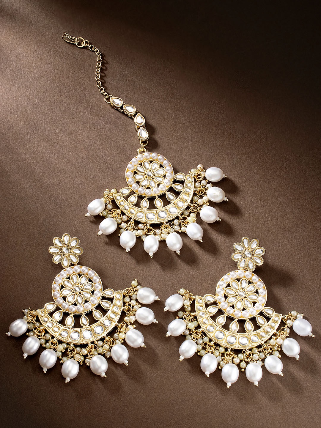 

Peora Gold Plated White Kundan & Pearl Studded Dangle Earrings & Maang Tikka
