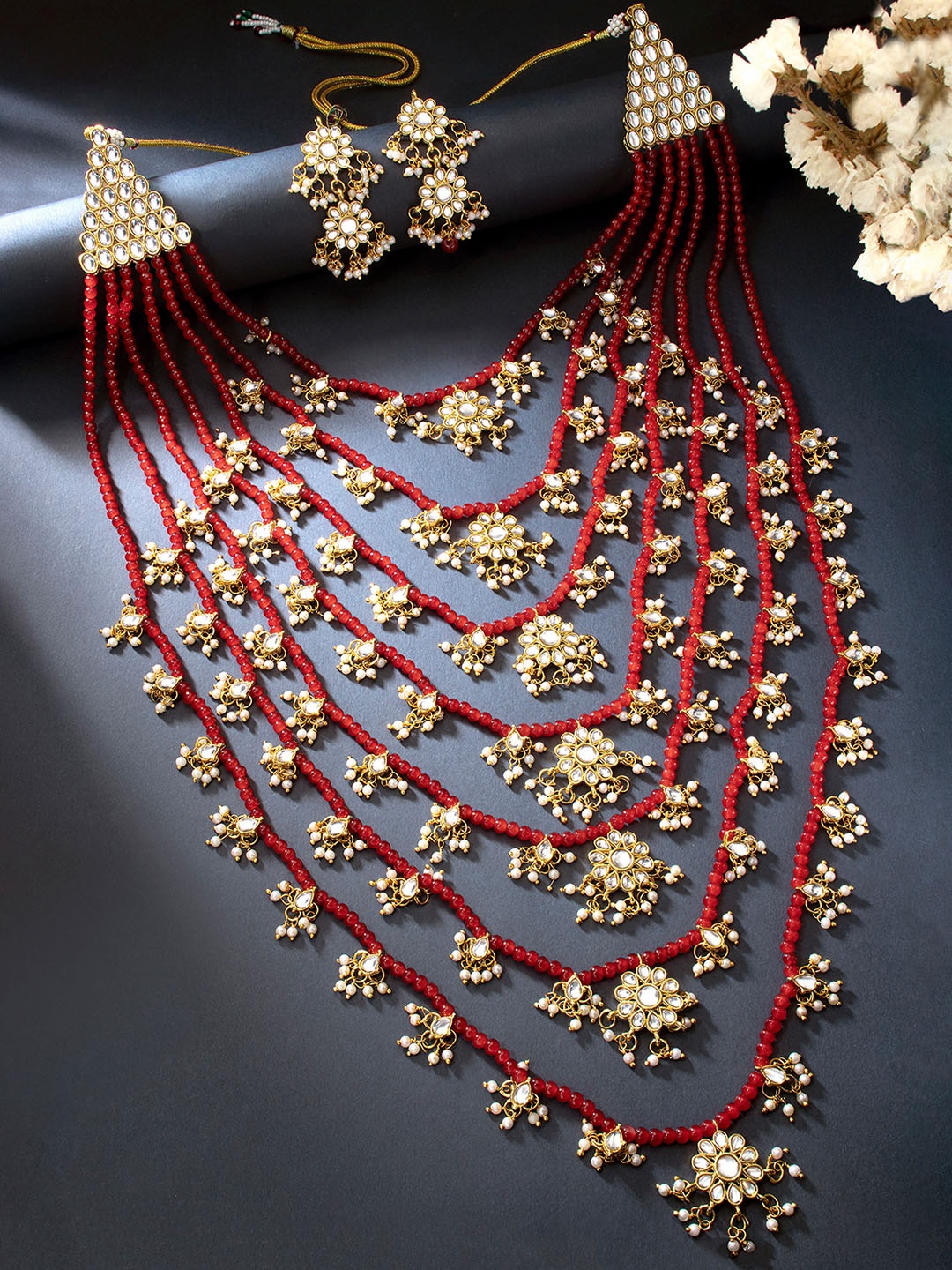 

Peora Traditional Floral Multi Layered Necklace & Earrings Jewellery Set, Red