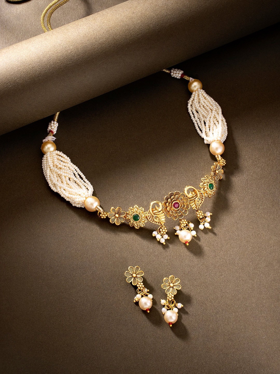 

Peora Gold Plated Red & White Stone & Beads Studded Choker Necklace & Earrings Set