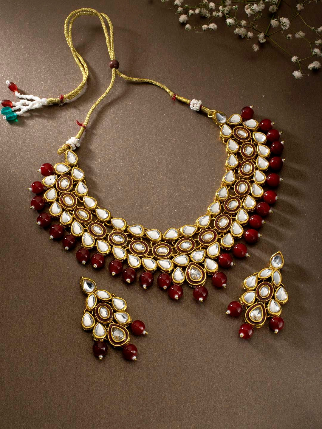 

Peora Fashion Gold Plated Maroon & White Pearl Studded Choker Necklace & Earrings