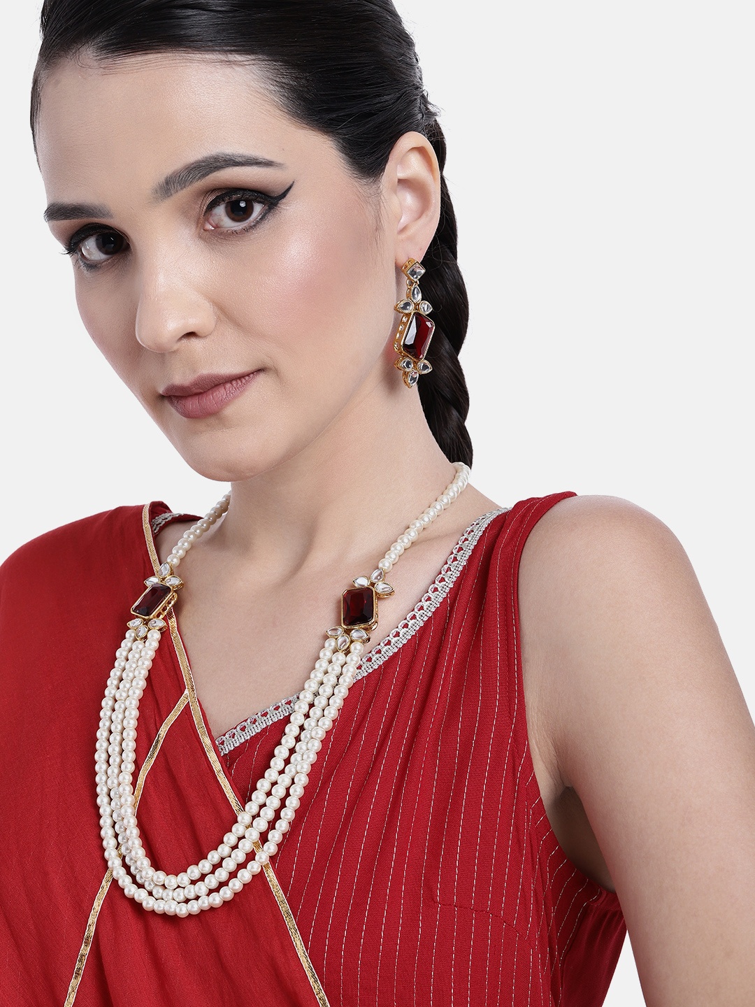 

Peora Gold-Plated Kundan Pearl Necklace & Earrings Jewellery Set, White