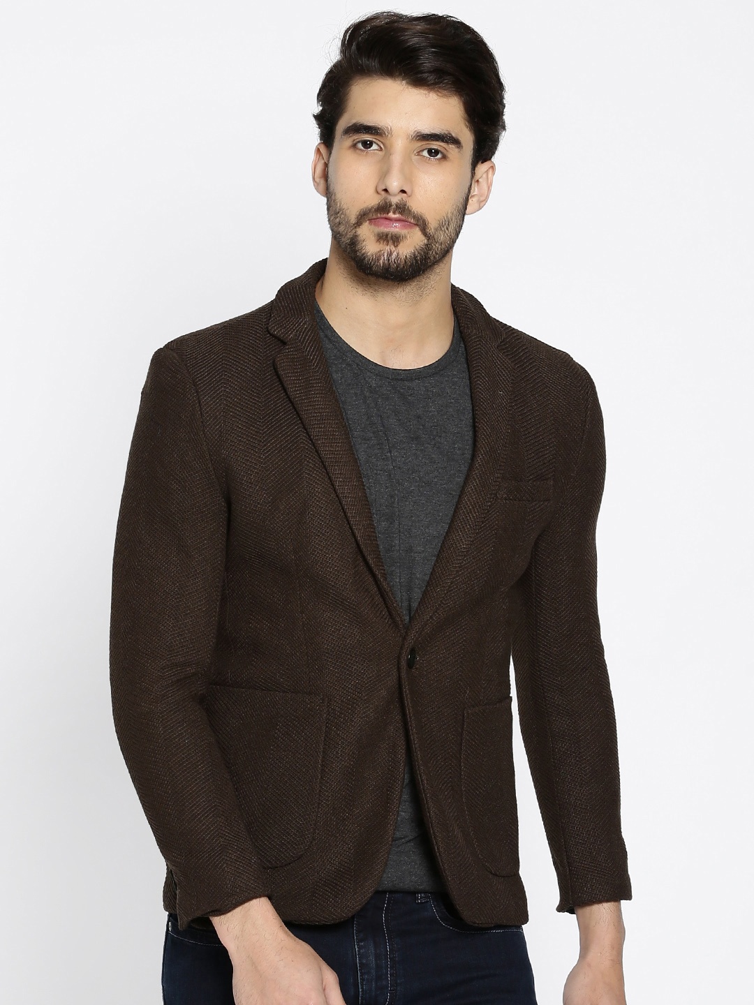 

The Indian Garage Co Brown Self-Design Single-Breasted Slim Fit Casual Blazer