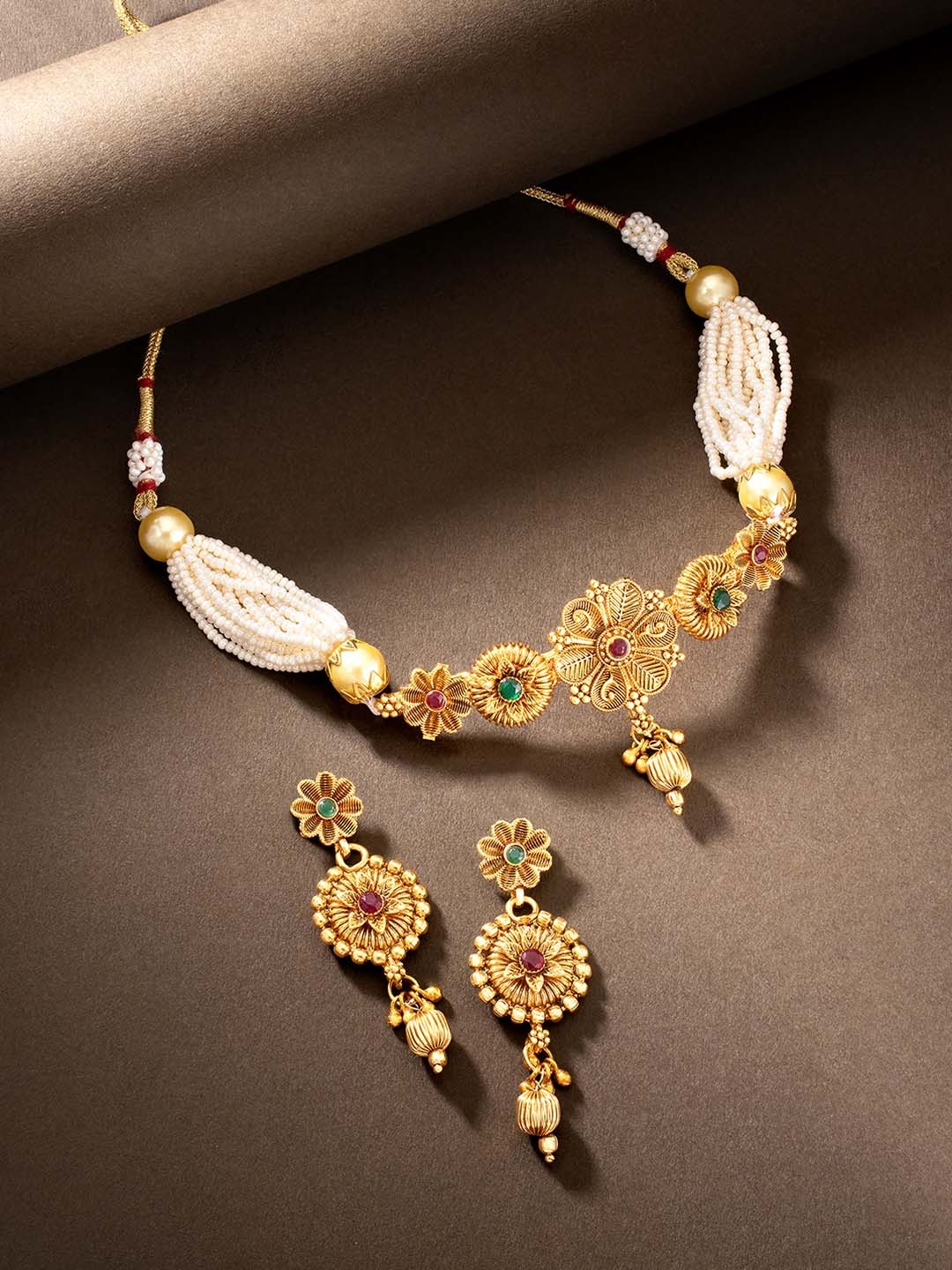 

Peora Gold Plated Red Beads & Stone Studded Choker Necklace & Drop Earring Set