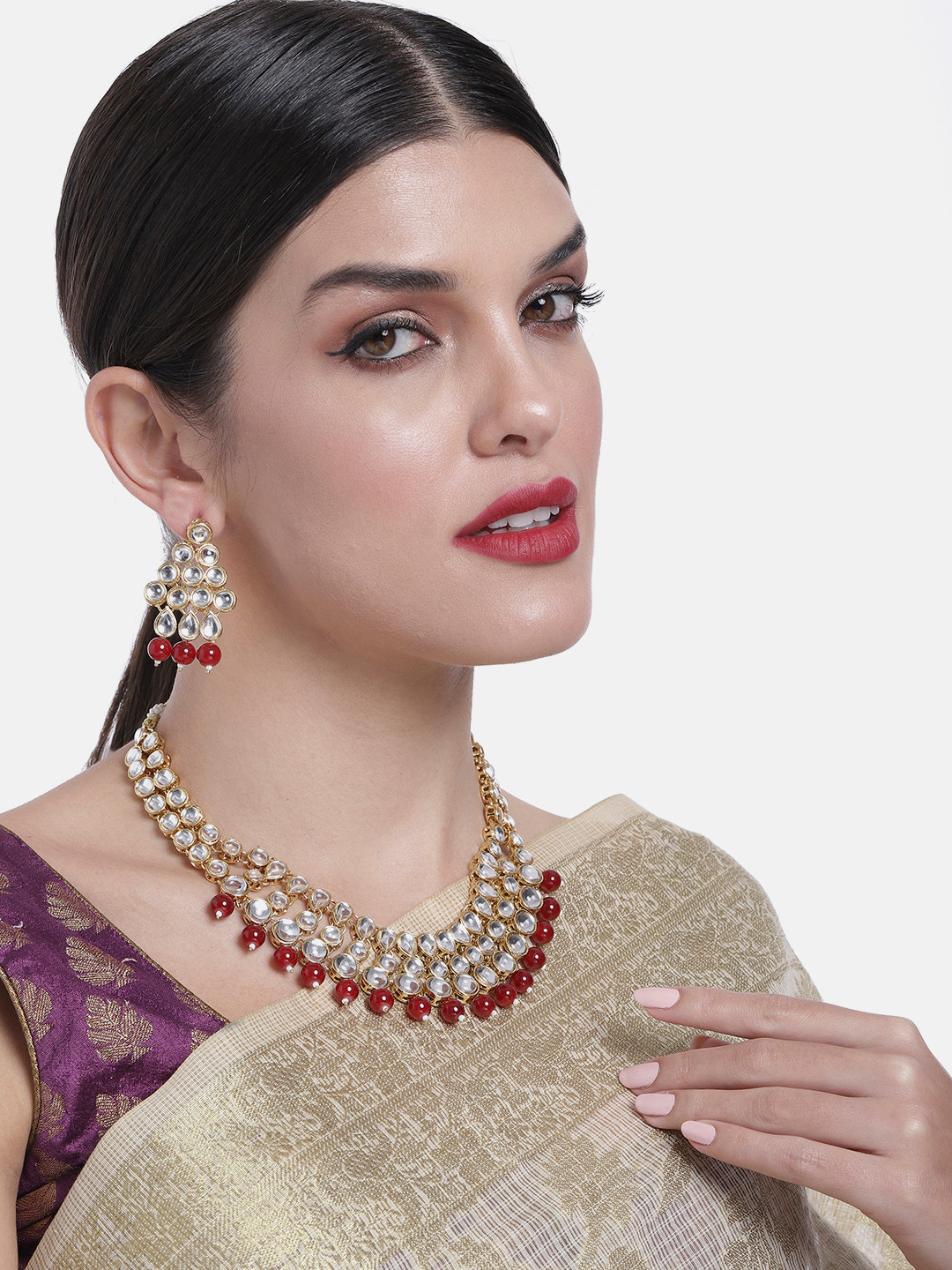 

Peora Gold Plated Maroon Kundan & Beads Studded Necklace & Earrings Set