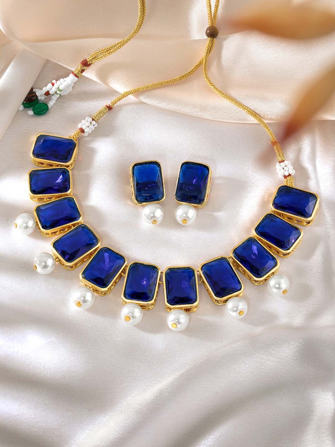 

Peora Traditional Crystal Pearl Choker Necklace & Earring Jewellery Set, Blue