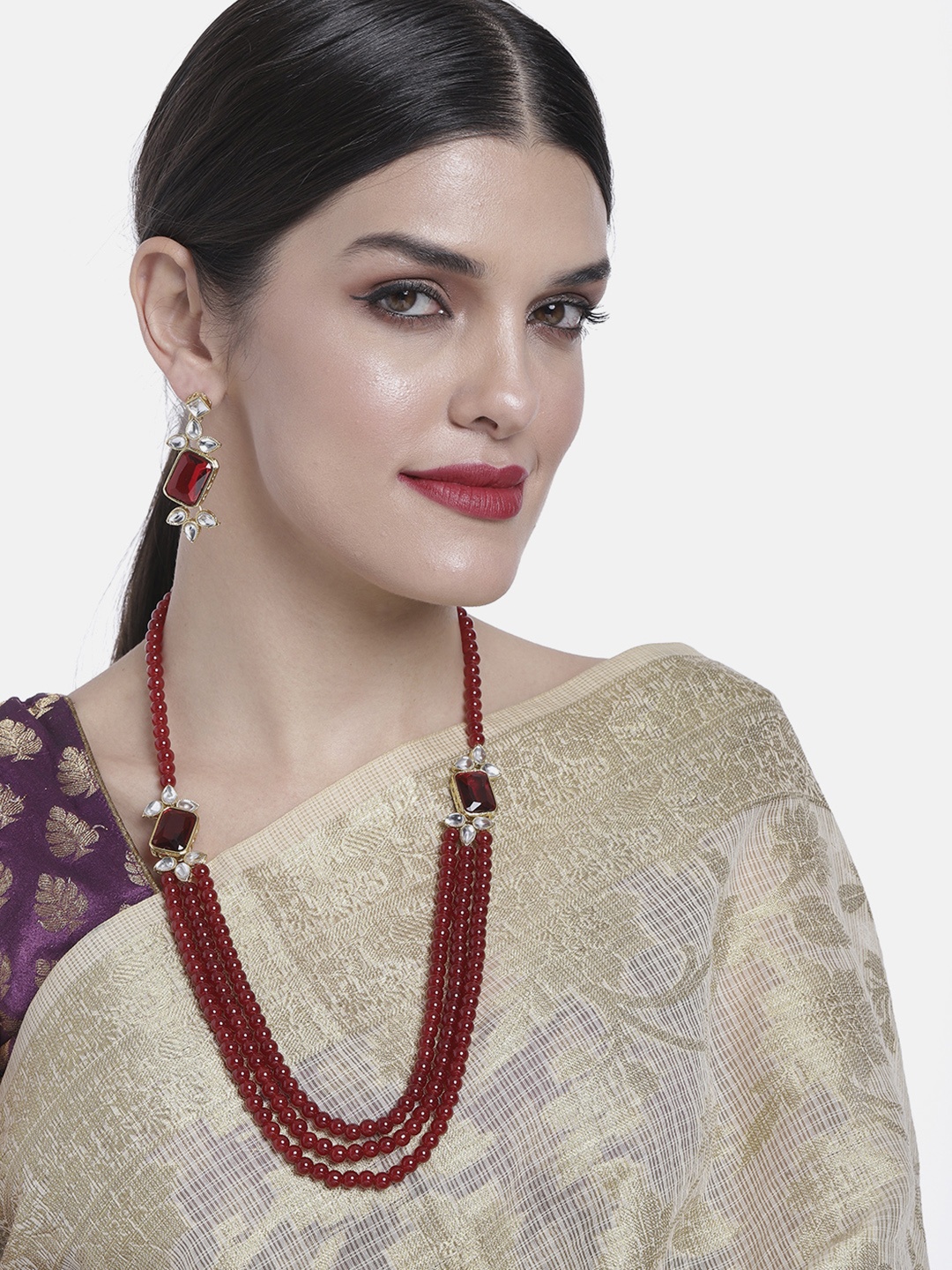 

Peora Traditional Gold-Plated Kundan Pearl Multi Layer Necklace & Earrings Jewellery Set, Maroon