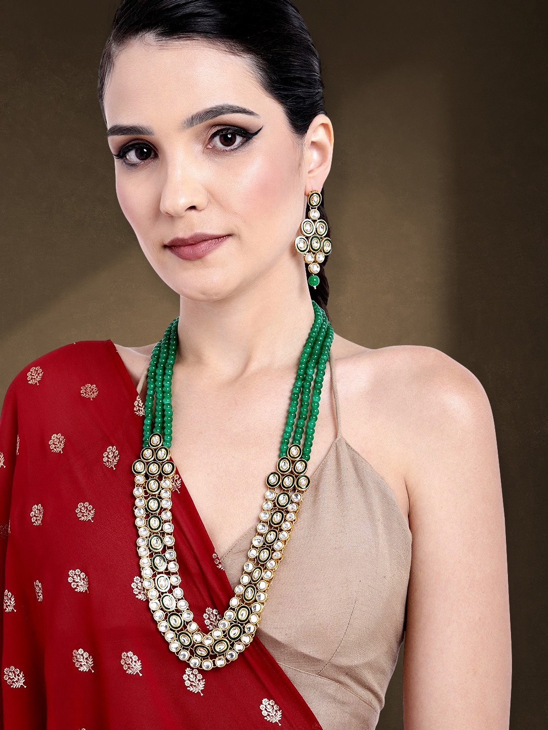 

Peora Gold-Plated Kundan Multi Layer Necklace & Earrings Jewellery Set, Green