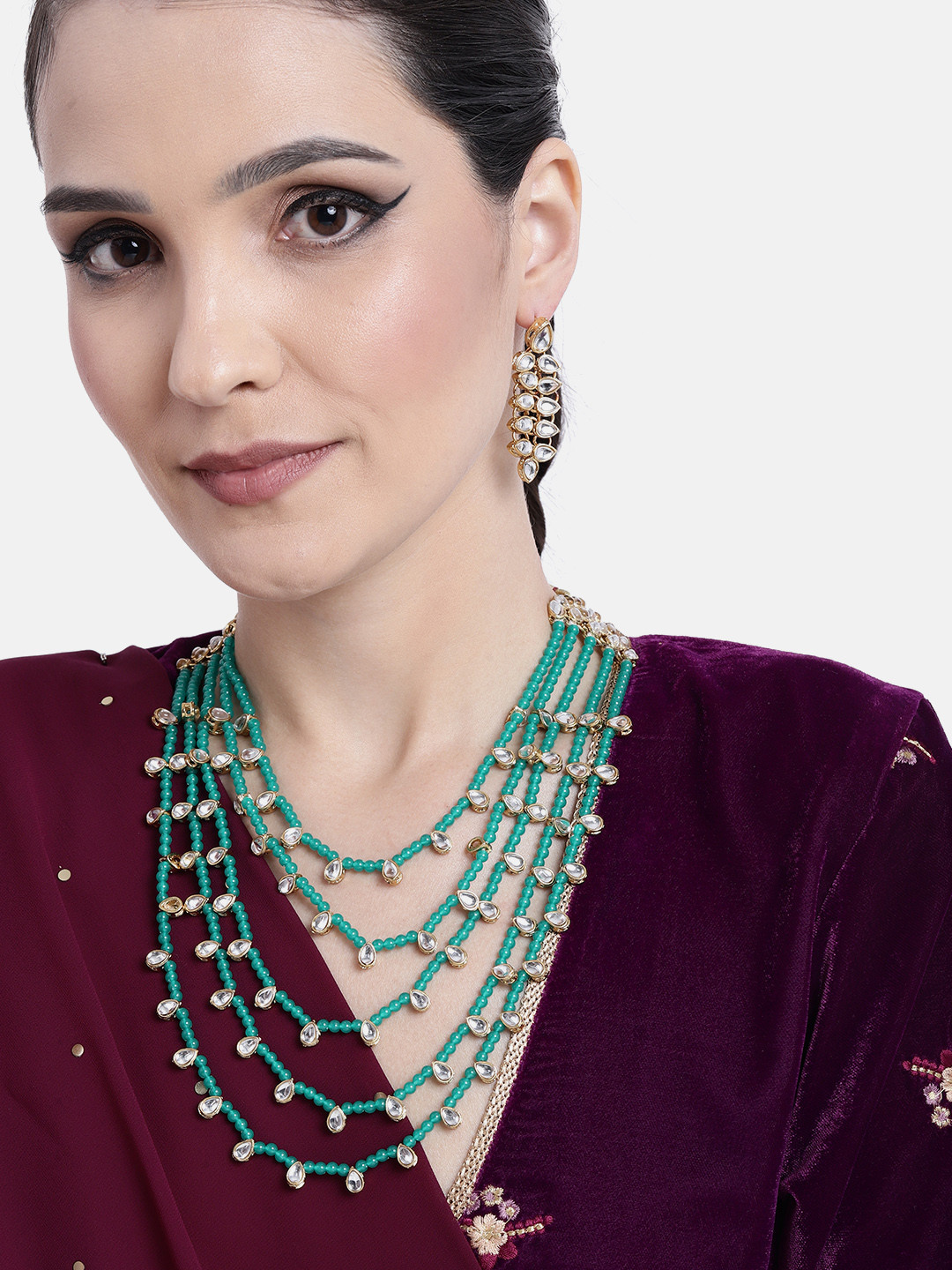 

Peora Gold-Plated Jadau Kundan Multi Layer Necklace & Earrings Jewellery Set, Green