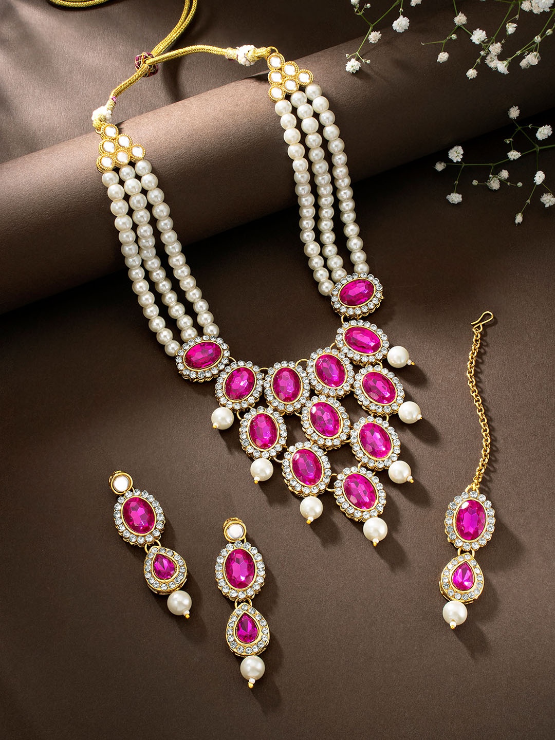 

Peora Gold-Plated Pearls Jewellery Set, Magenta