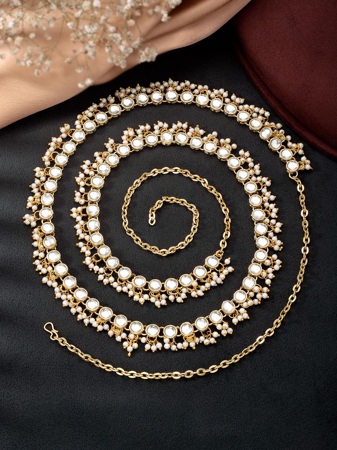 

Peora Gold Plated White Kundan & Baby Pearl Studded Kamarband Belly Chain